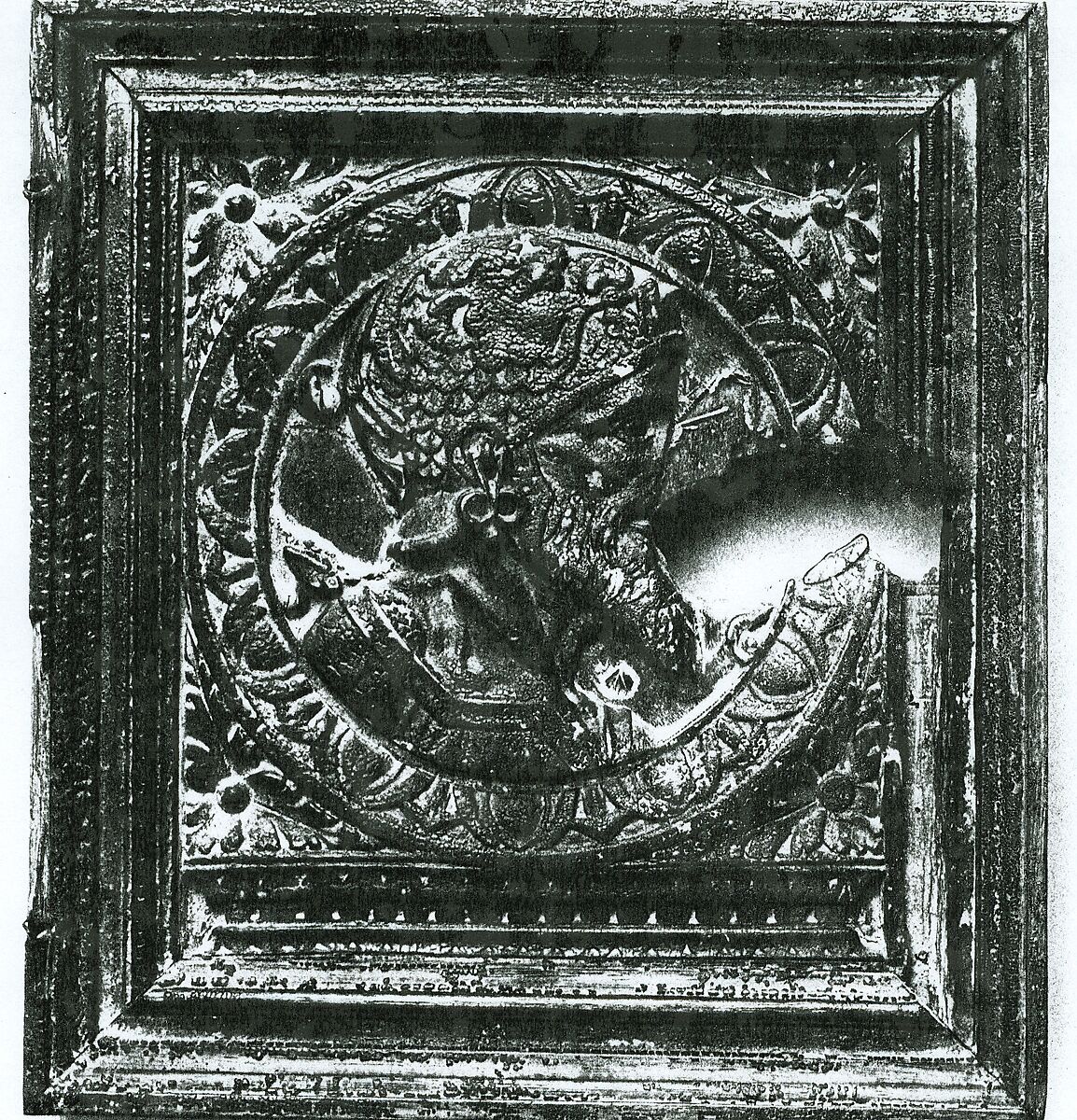 Cabinet door, Leather, backed with linen; residue of a varnish; oak; iron., French