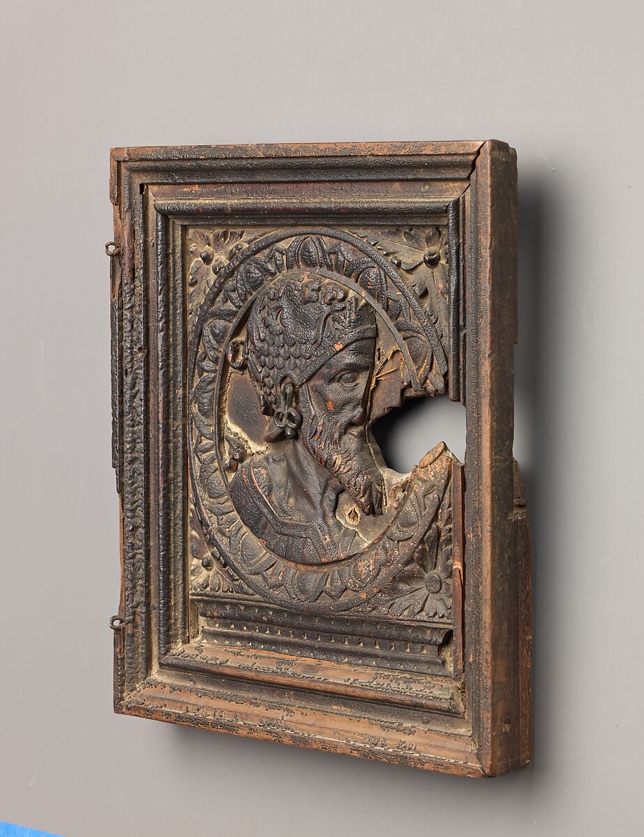 Cabinet door, Leather, backed with linen; residue of a varnish; oak; iron., French