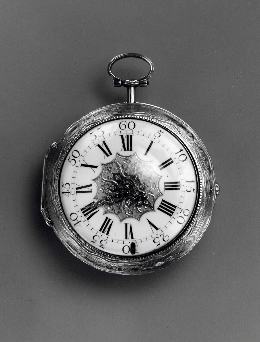 Watch Painted with a Pastoral Scene, Outer case of painted enamel on gold. Inner case of gold with an unidentified
maker’s mark consisting of the letters ic over b below a
coronet (incuse) on the interior and an eagle’s head, a French
guarantee mark for gold in use between 1 January 1847 and
1 July 1919 on the pendant. Dial of gold and white enamel
with black numerals; silver hands set with diamond chips.
Movement of gilt brass and steel. Movement signed (on the
back plate): Tomson/london., French and probably Swiss