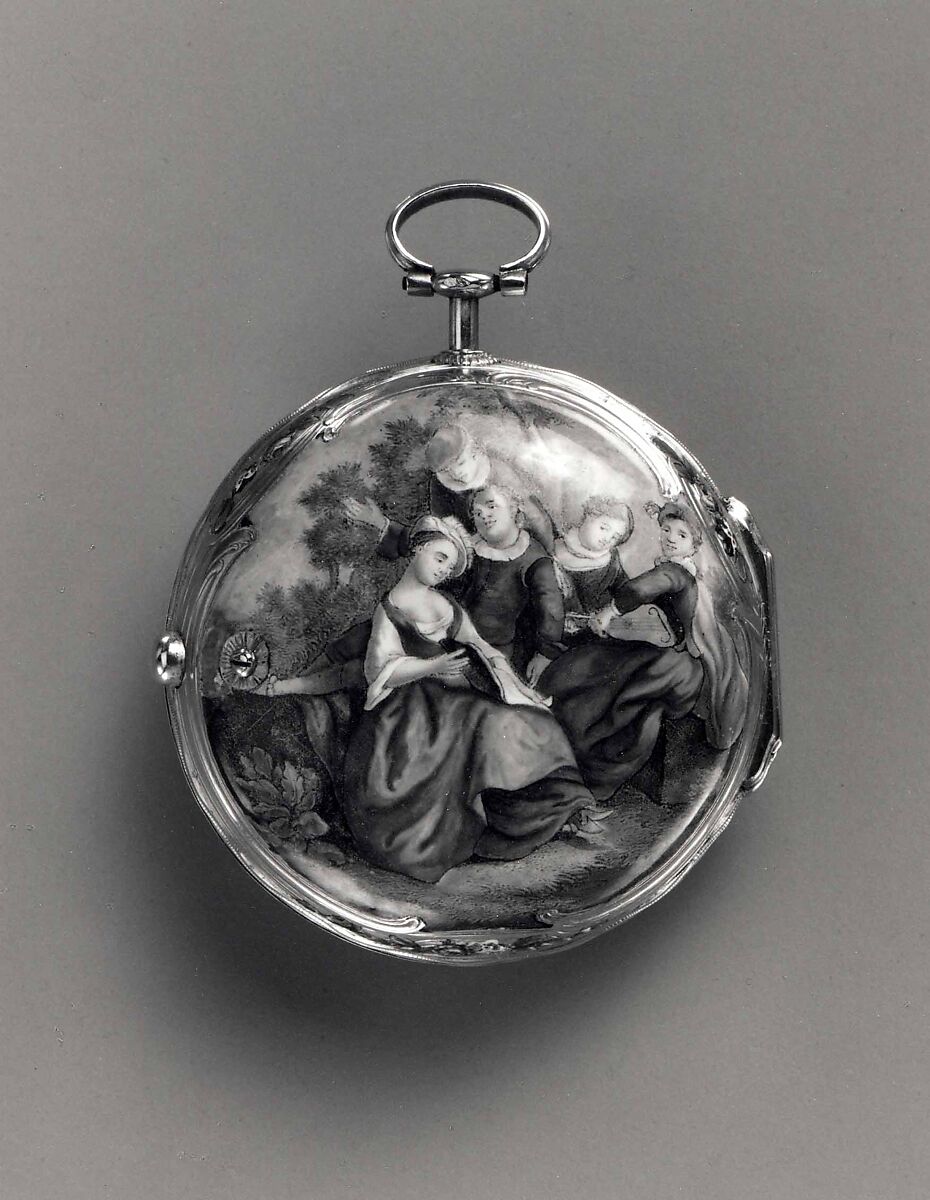 Watch Painted with a Pastoral Scene, Outer case of painted enamel on gold. Inner case of gold with an unidentified
maker’s mark consisting of the letters ic over b below a
coronet (incuse) on the interior and an eagle’s head, a French
guarantee mark for gold in use between 1 January 1847 and
1 July 1919 on the pendant. Dial of gold and white enamel
with black numerals; silver hands set with diamond chips.
Movement of gilt brass and steel. Movement signed (on the
back plate): Tomson/london., French and probably Swiss