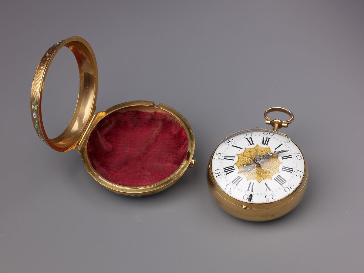 Watch Painted with a Pastoral Scene, Outer case of painted enamel on gold. Inner case of gold with an unidentified
maker’s mark consisting of the letters ic over b below a
coronet (incuse) on the interior and an eagle’s head, a French
guarantee mark for gold in use between 1 January 1847 and
1 July 1919 on the pendant. Dial of gold and white enamel
with black numerals; silver hands set with diamond chips.
Movement of gilt brass and steel. Movement signed (on the
back plate): Tomson/london., French and probably Swiss
