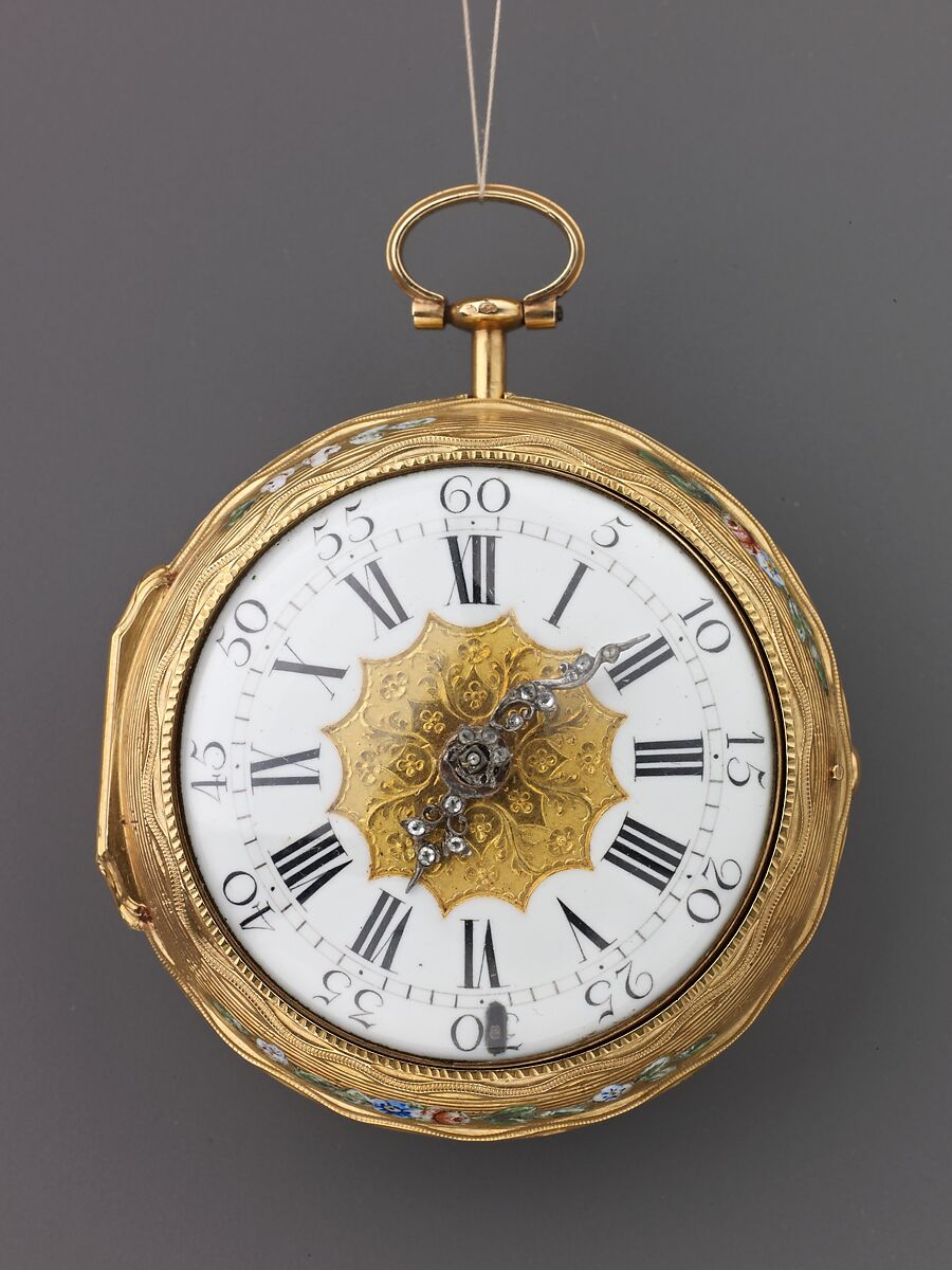 Watch Painted with a Pastoral Scene, Outer case of painted enamel on gold. Inner case of gold with an unidentified
maker’s mark consisting of the letters ic over b below a
coronet (incuse) on the interior and an eagle’s head, a French
guarantee mark for gold in use between 1 January 1847 and
1 July 1919 on the pendant. Dial of gold and white enamel
with black numerals; silver hands set with diamond chips.
Movement of gilt brass and steel. Movement signed (on the
back plate): Tomson/london., French and probably Swiss
