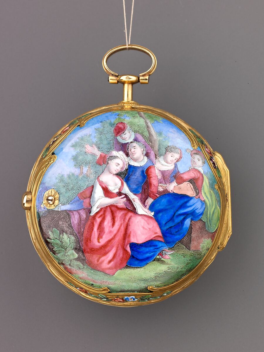 Watch Painted with a Pastoral Scene, Outer case of painted enamel on gold. Inner case of gold with an unidentified
maker’s mark consisting of the letters ic over b below a
coronet (incuse) on the interior and an eagle’s head, a French
guarantee mark for gold in use between 1 January 1847 and
1 July 1919 on the pendant. Dial of gold and white enamel
with black numerals; silver hands set with diamond chips.
Movement of gilt brass and steel. Movement signed (on the
back plate): Tomson/london., French and probably Swiss 