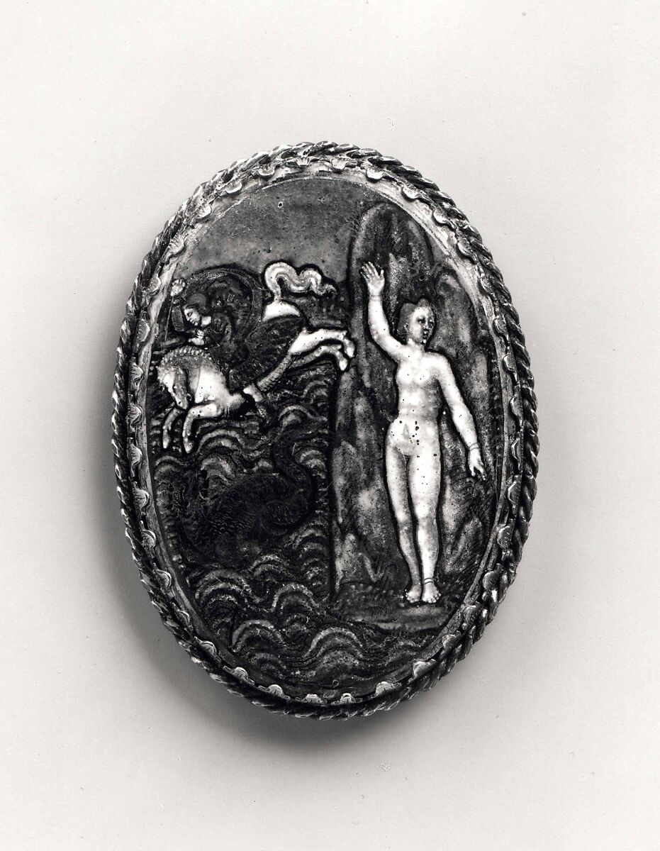 Watchcase cover: Perseus and Andromeda, probably Jean II Reymond (French, Limoges, doc. 1606–ca. 1631), Painted enamel, partly gilt, on copper; mounted on brass; silver-gilt frame.