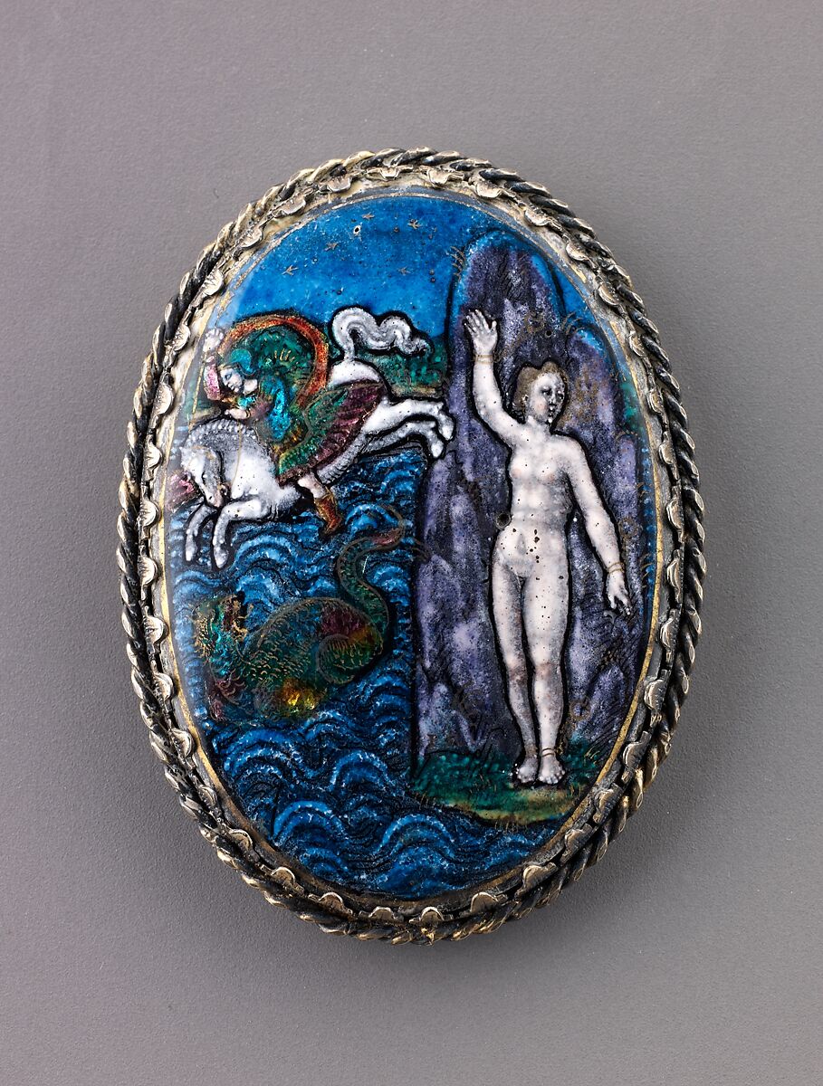 Watchcase cover: Perseus and Andromeda, probably Jean II Reymond (French, Limoges, doc. 1606–ca. 1631), Painted enamel, partly gilt, on copper; mounted on brass; silver-gilt frame. 