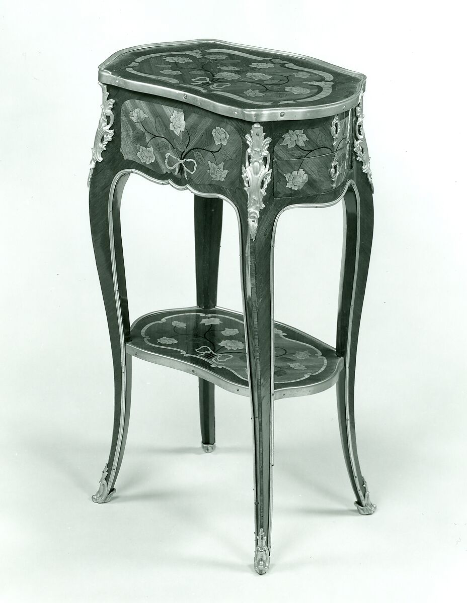 Work and writing table, Laurent Rochette (born 1723), Oak and pine veneered with mahogany, amaranth, partly green-stained and engraved maple, and bloodwood (?), ebonized wood; gilt-bronze mounts; metal liners for writing equipment, blue silk., French, Paris