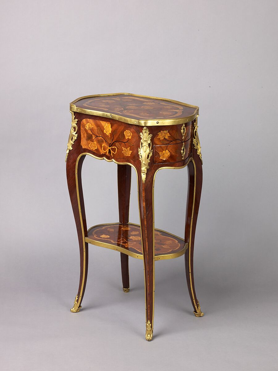 Work and writing table, Laurent Rochette (born 1723), Oak and pine veneered with mahogany, amaranth, partly green-stained and engraved maple, and bloodwood (?), ebonized wood; gilt-bronze mounts; metal liners for writing equipment, blue silk., French, Paris 