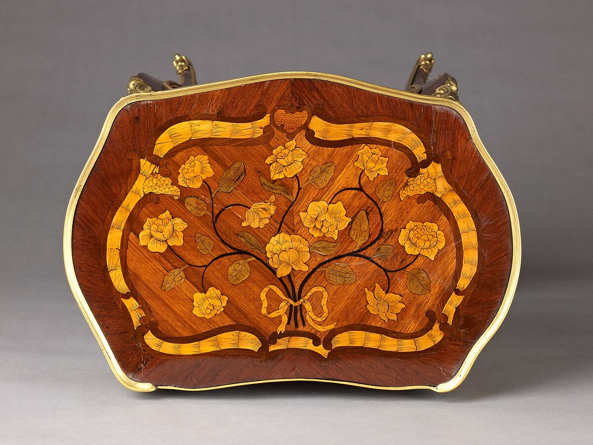 Work and writing table, Laurent Rochette (born 1723), Oak and pine veneered with mahogany, amaranth, partly green-stained and engraved maple, and bloodwood (?), ebonized wood; gilt-bronze mounts; metal liners for writing equipment, blue silk., French, Paris