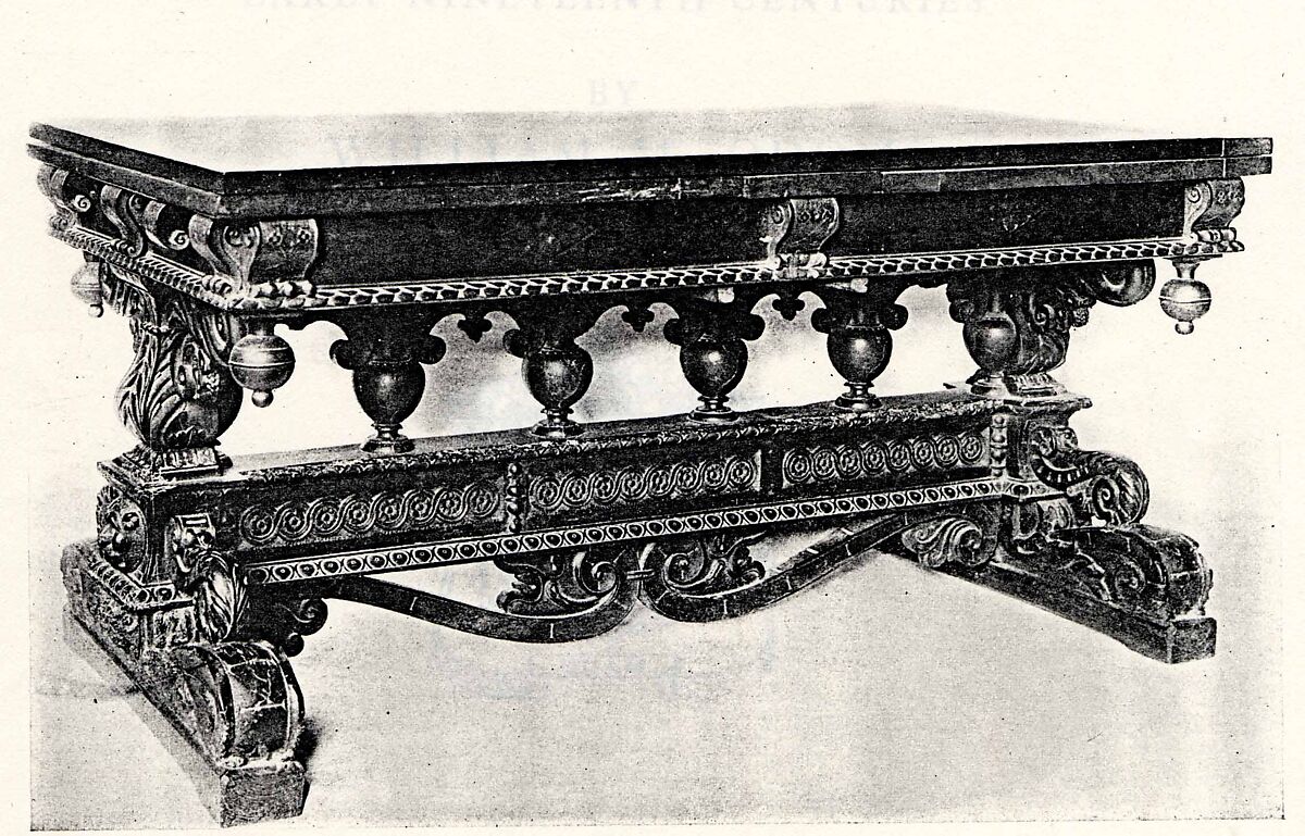 Table, Walnut, maple, carved, turned, inlaid, and stained., Italian and  American