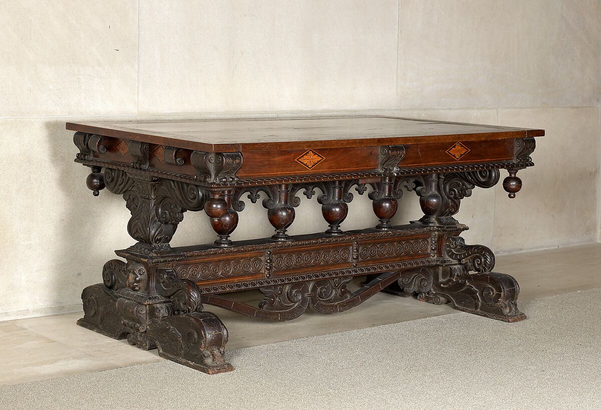 Table, Walnut, maple, carved, turned, inlaid, and stained., Italian and  American 