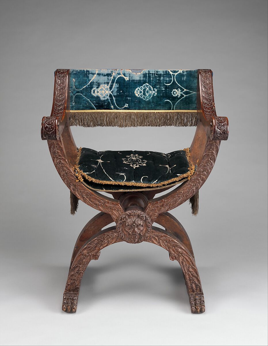 Hip-joint armchair (Dantesca type, associated with 1975.1.1976 a,b), Walnut, carved; silk cut velvet, metal., Italian, American (United States) 