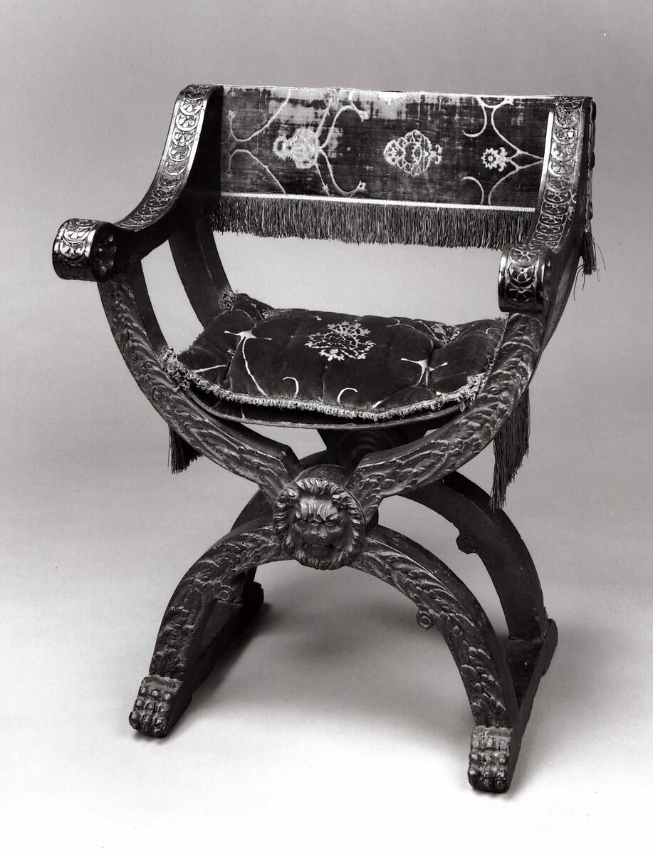Hip-joint armchair (Dantesca type, associated with 1975.1.1976 a,b), Walnut, carved; silk cut velvet, metal., Italian, American (United States)