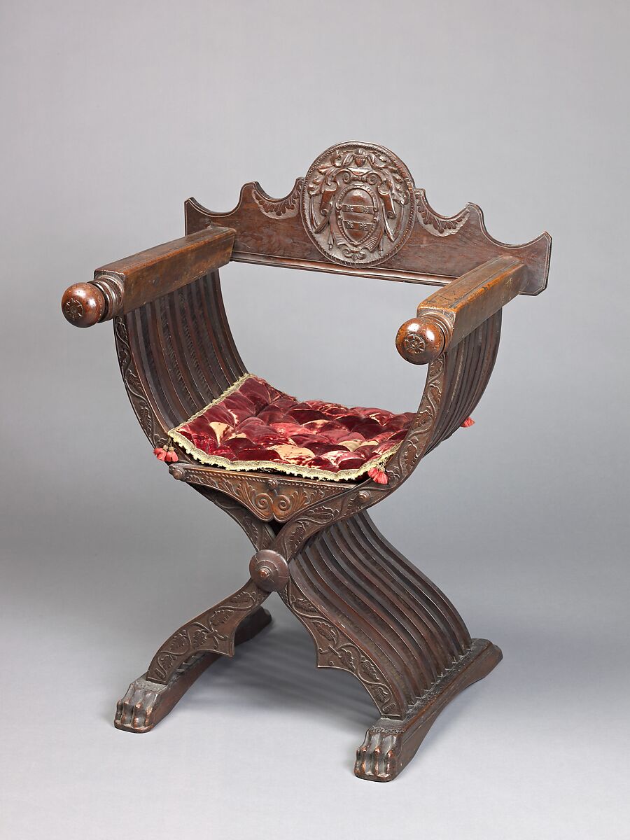Folding armchair (sedia a Savonarola), Walnut, partly turned; red silk cut velvet; gilt metal; silk, Italian 