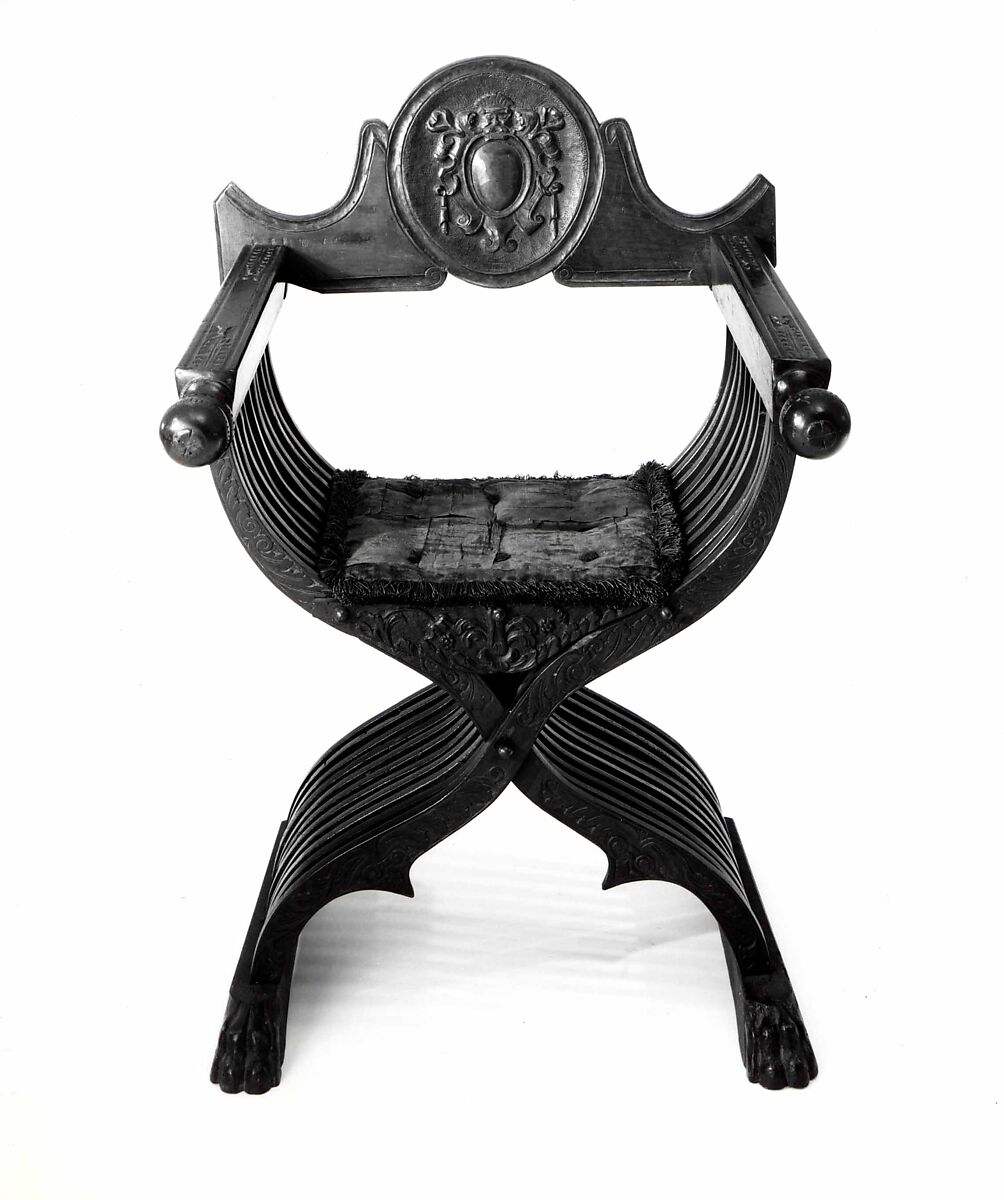 Folding armchair (sedia a Savonarola type), Walnut, turned and carved; silk, Italian