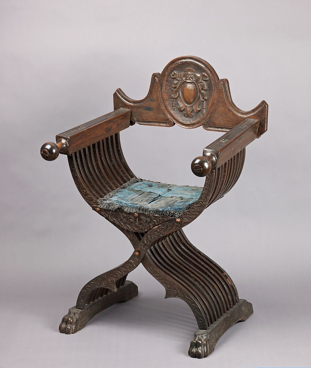 Folding armchair (sedia a Savonarola type), Walnut, turned and carved; silk, Italian 