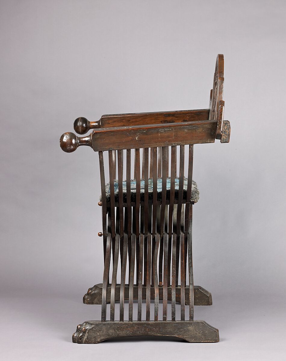 Folding armchair (sedia a Savonarola type), Walnut, turned and carved; silk, Italian