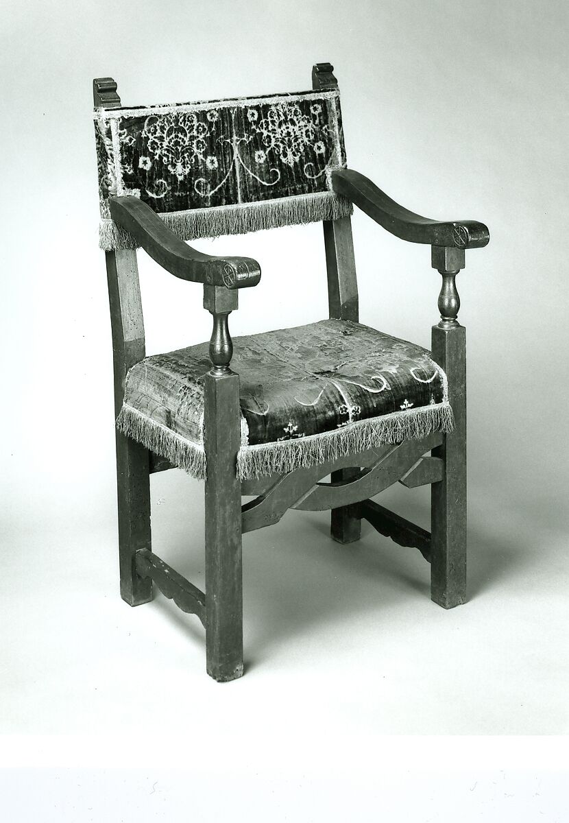 Armchair back and seat, Walnut, carved and turned; silk cut-velvet braided tape with fringe of green silk and gilt-metal thread., Italian (?) or American (United States?) 