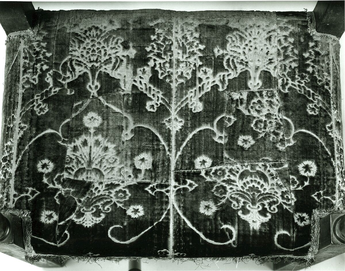 Armchair back and seat, Walnut, carved and turned; silk cut-velvet braided tape with fringe of green silk and gilt-metal thread., Italian (?) or American (United States?)