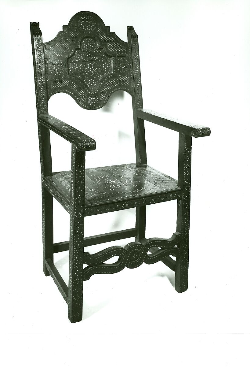 High-back chair (pair with 1975.1.1999), Various hardwoods, bone and ivory., Northern Africa  (Morocco?) or Syrian (?)