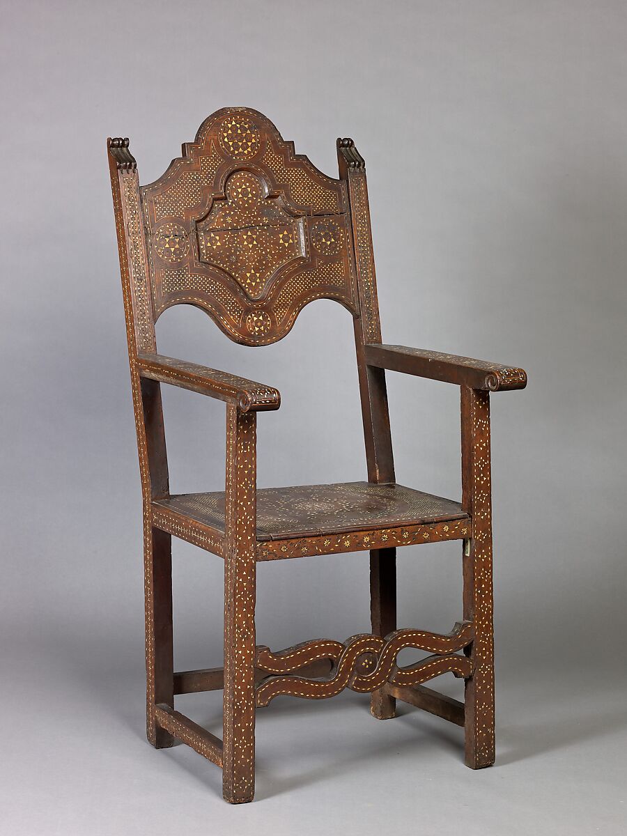 High-back chair (pair with 1975.1.1999), Various hardwoods, bone and ivory., Northern Africa  (Morocco?) or Syrian (?) 