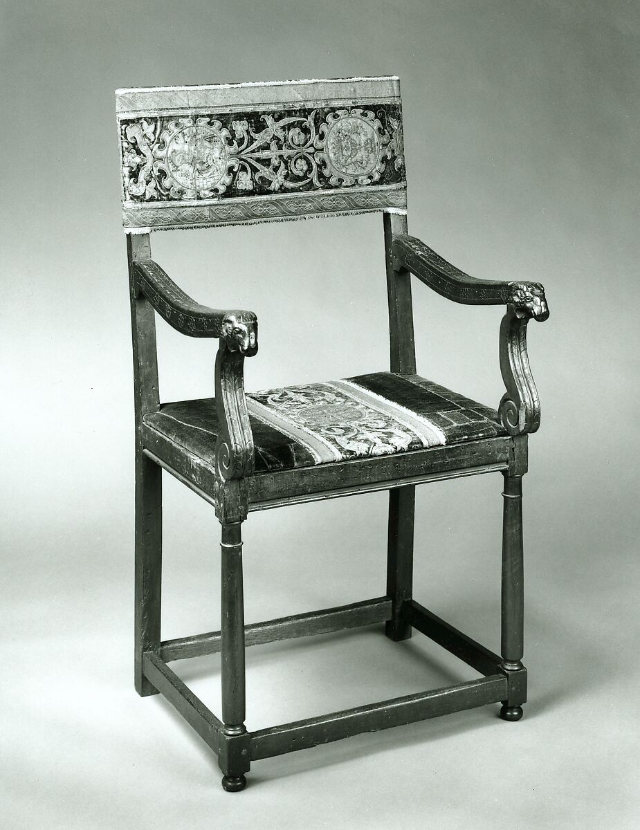 Armchair (chaise à bras, pair with 1975.1.2001), Walnut, turned and carved; dark blue silk cut velvet with embroidery., French, Italian or Spanish