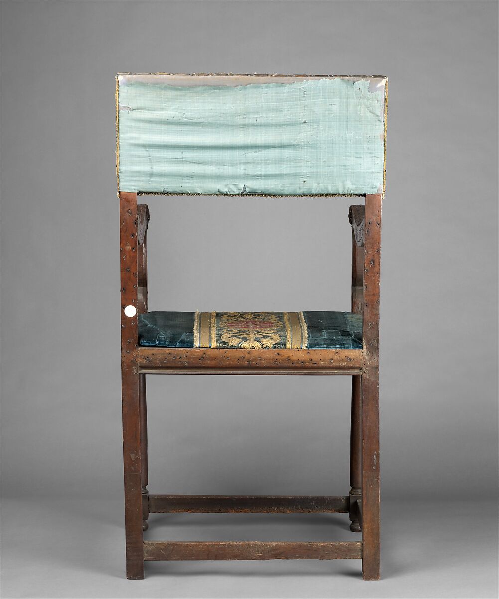 Armchair (chaise à bras, pair with 1975.1.2001), Walnut, turned and carved; dark blue silk cut velvet with embroidery., French, Italian or Spanish