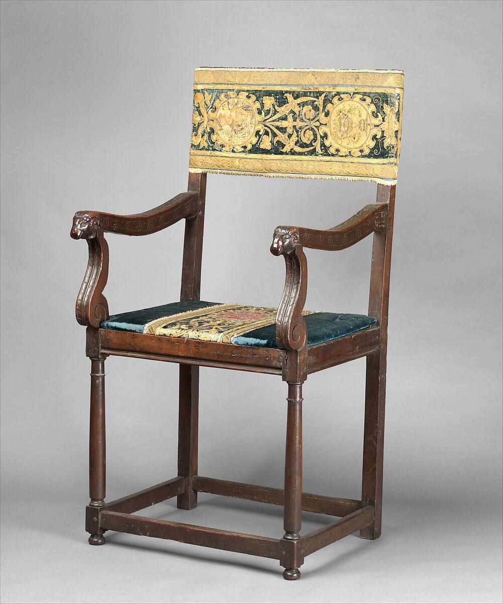 Armchair (chaise à bras, pair with 1975.1.2001), Walnut, turned and carved; dark blue silk cut velvet with embroidery., French, Italian or Spanish 