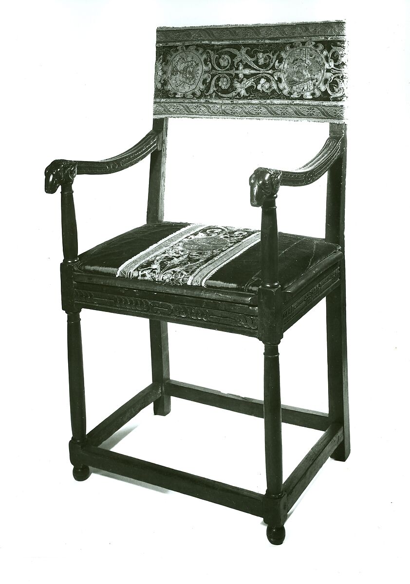 Armchair (chaise à bras, pair with 1975.1.2000), Walnut, turned and carved; dark blue silk cut velvet with embroidery., French, Italian or Spanish