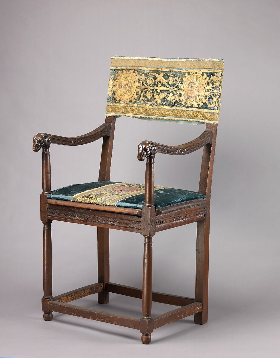 Armchair (chaise à bras, pair with 1975.1.2000), Walnut, turned and carved; dark blue silk cut velvet with embroidery., French, Italian or Spanish 
