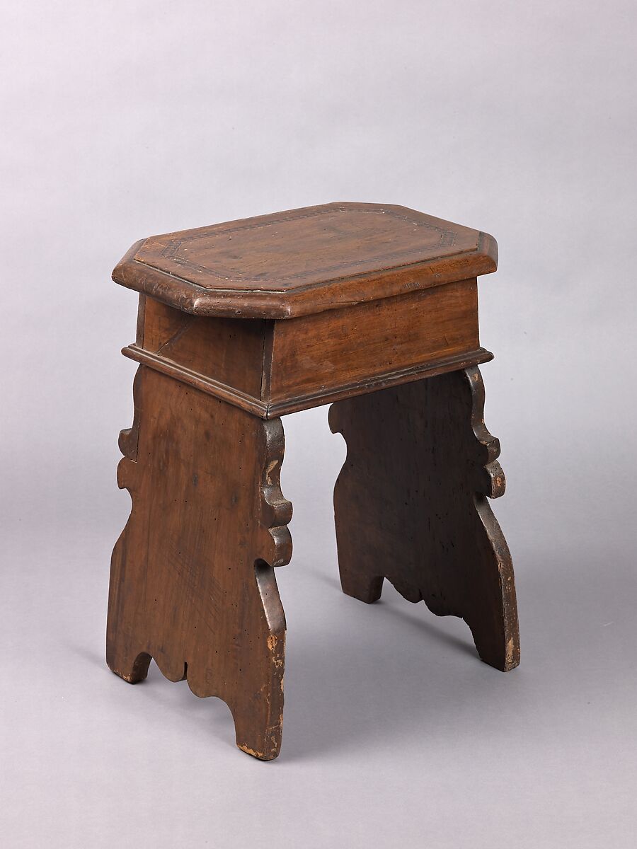 Stool (pair with 1975.1.2005), Walnut, maple, and other woods., Italian (or United States?) 