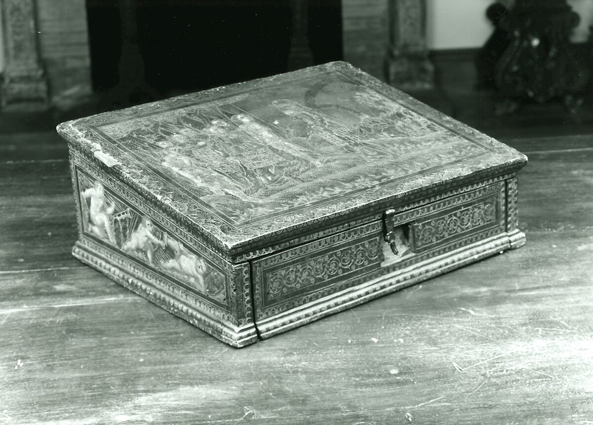 Writing Box, Poplar; leather, tooled, silhouettecut, engraved, gilded, silvered and painted; partially gilded metal mounts; brand-stamped and colored paper., North Italian, Venice (?)