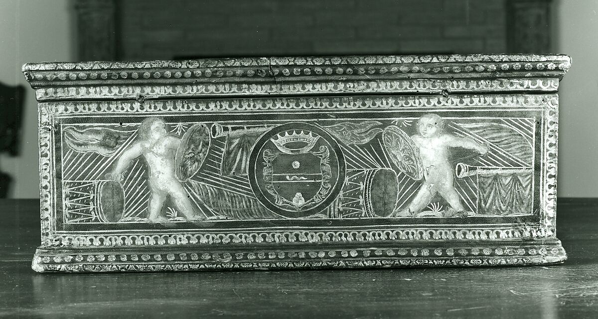 Writing Box, Poplar; leather, tooled, silhouettecut, engraved, gilded, silvered and painted; partially gilded metal mounts; brand-stamped and colored paper., North Italian, Venice (?)