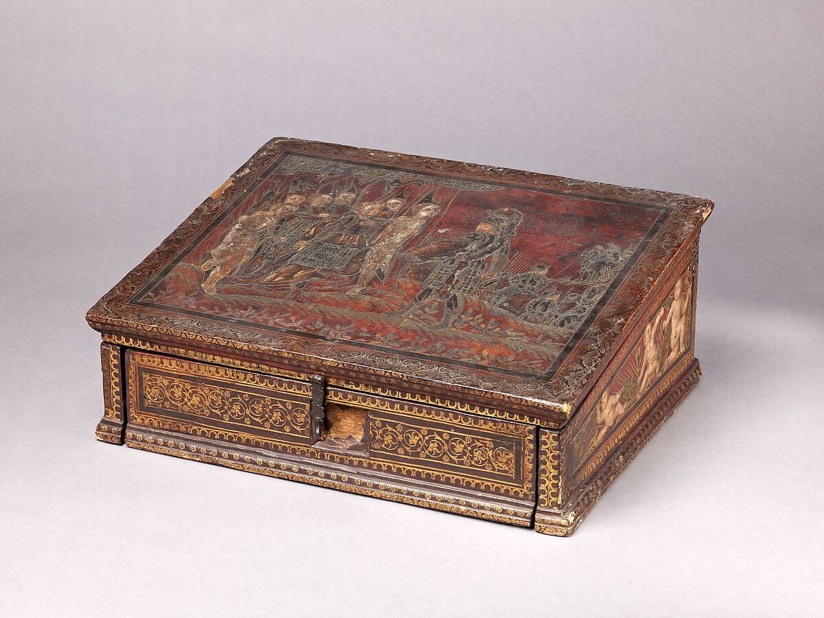 Writing Box, Poplar; leather, tooled, silhouettecut, engraved, gilded, silvered and painted; partially gilded metal mounts; brand-stamped and colored paper., North Italian, Venice (?) 