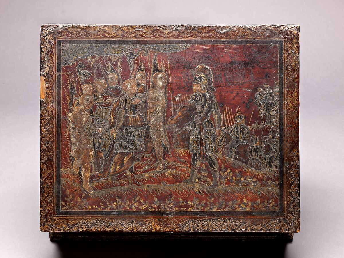 Writing Box, Poplar; leather, tooled, silhouettecut, engraved, gilded, silvered and painted; partially gilded metal mounts; brand-stamped and colored paper., North Italian, Venice (?)