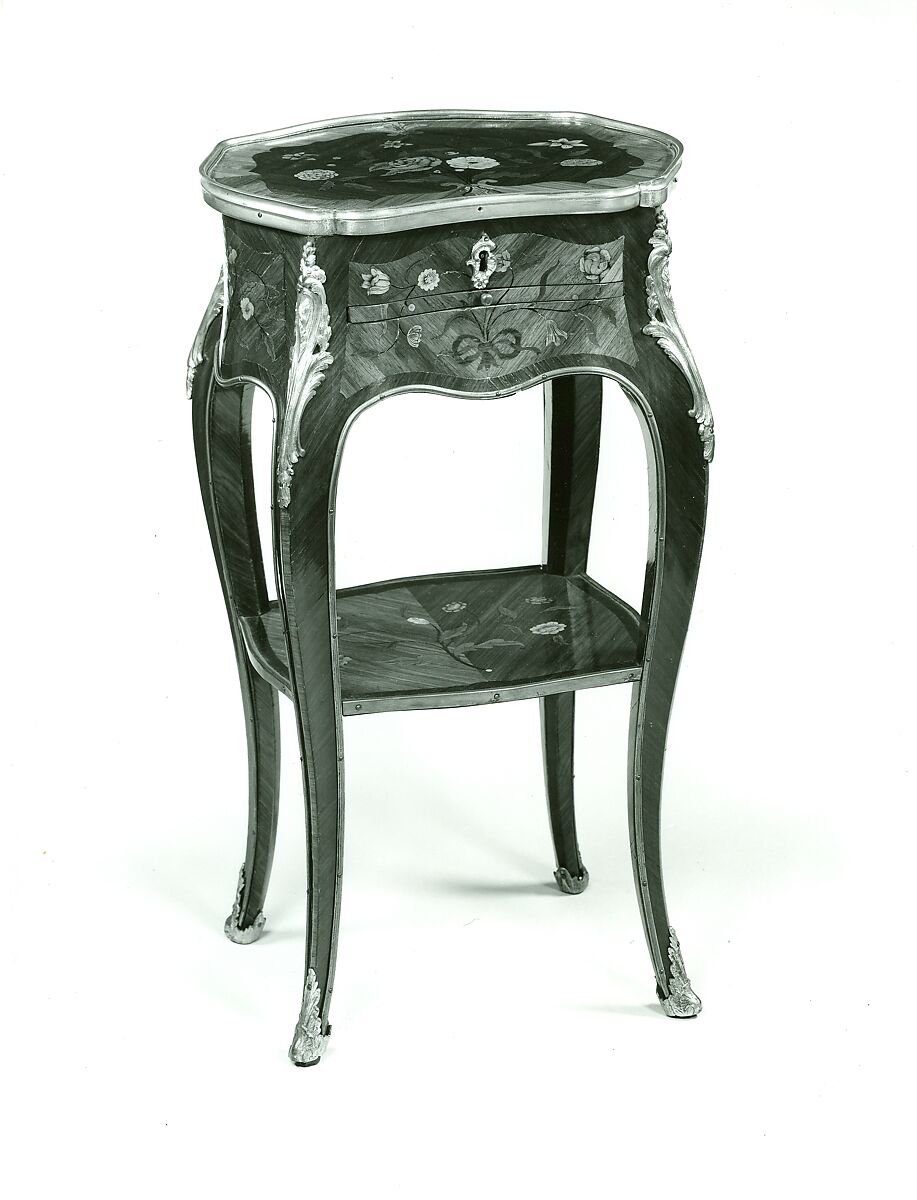 Work and writing table, Oak, pine, and light-colored hardwood, veneered with mahogany, tulipwood, amaranth, partly shaded and engraved barberry, partly stained, shaded, and engraved maple; leather dyed green with gold-tooled border; brass liners; gilt-bronze mounts., French