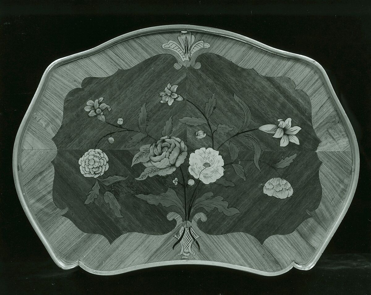 Work and writing table, Oak, pine, and light-colored hardwood, veneered with mahogany, tulipwood, amaranth, partly shaded and engraved barberry, partly stained, shaded, and engraved maple; leather dyed green with gold-tooled border; brass liners; gilt-bronze mounts., French