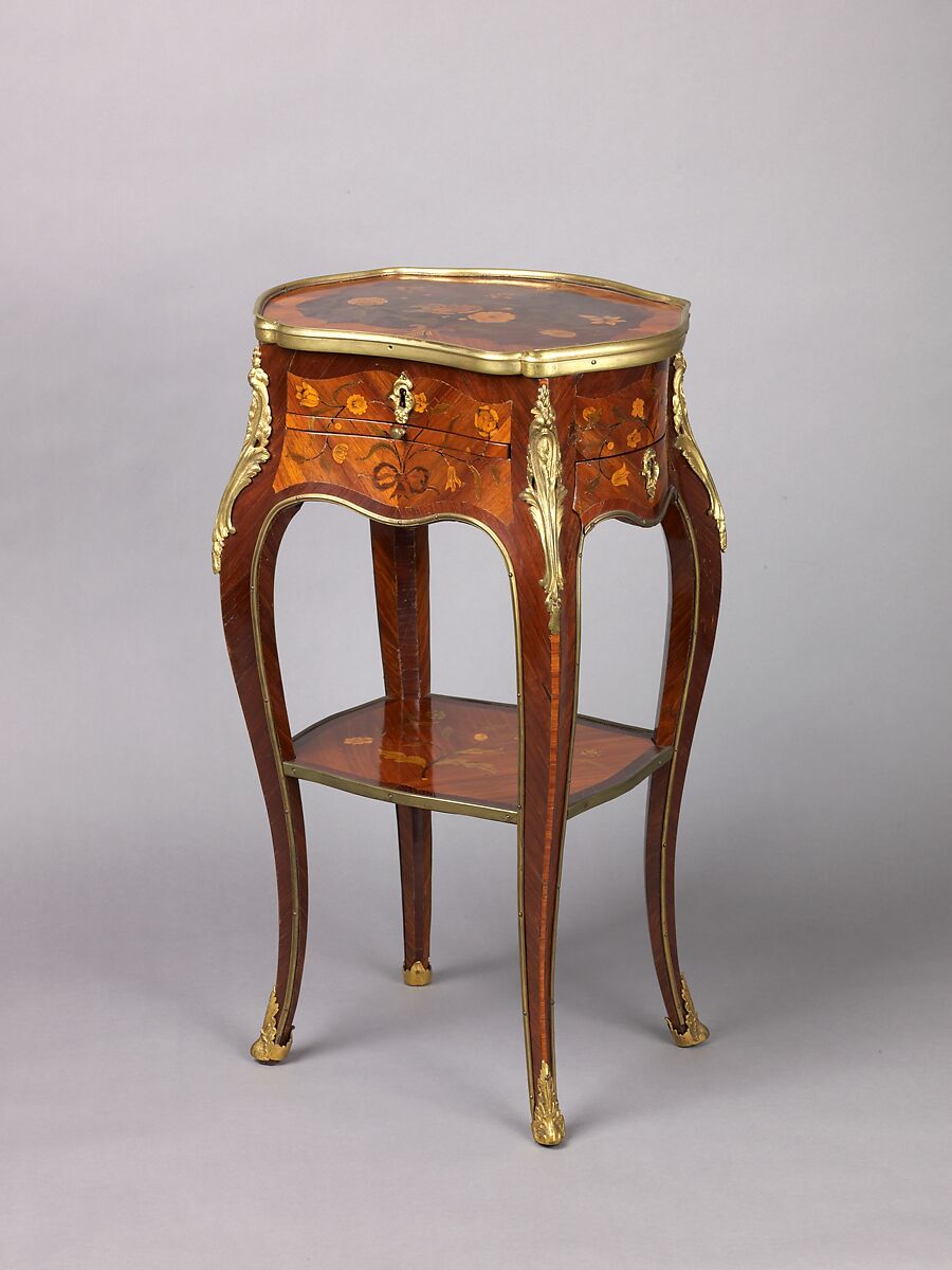 Work and writing table, Oak, pine, and light-colored hardwood, veneered with mahogany, tulipwood, amaranth, partly shaded and engraved barberry, partly stained, shaded, and engraved maple; leather dyed green with gold-tooled border; brass liners; gilt-bronze mounts., French 
