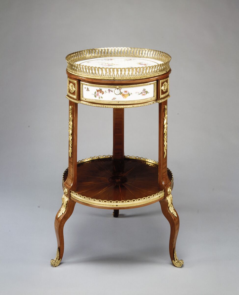 Louis XV circular marquetry and bronze dore table de salon, Martin Carlin (French, near Freiburg im Breisgau ca. 1730–1785 Paris), Oak veneered with tulipwood, holly, and ebony; set with four soft-paste Sévres porcelain plaques; gilt-bronze mounts., French, Paris 