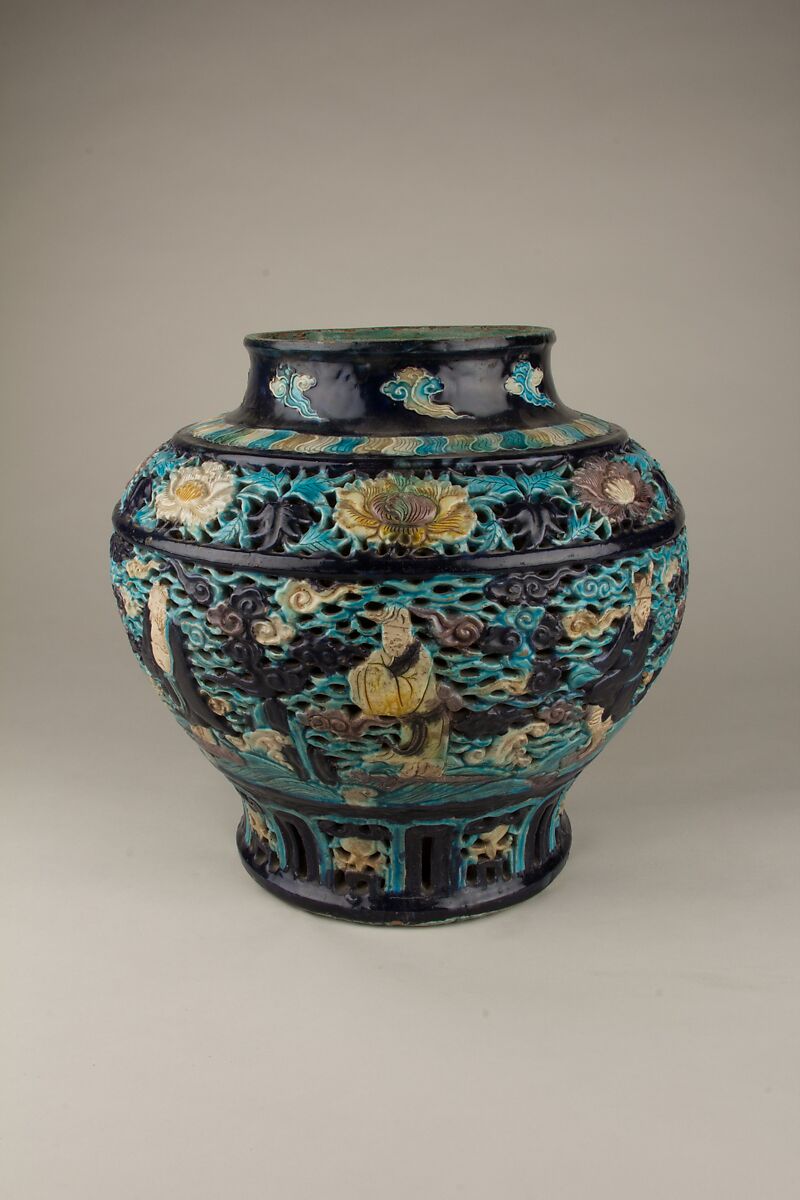 Jar with the Eight Immortals, Porcelain with relief decoration under colored glazes (Fahua ware), China