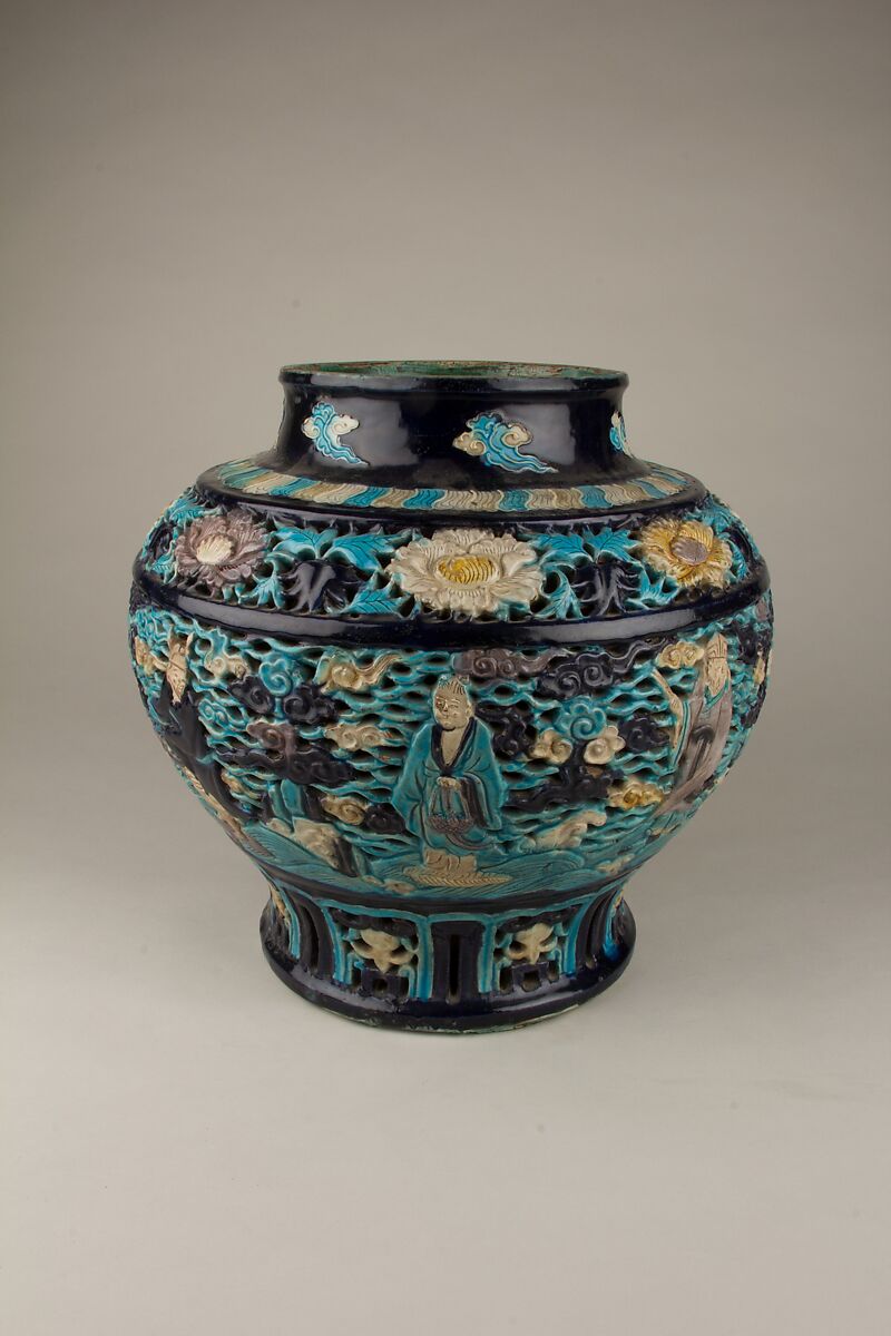 Jar with the Eight Immortals, Porcelain with relief decoration under colored glazes (Fahua ware), China