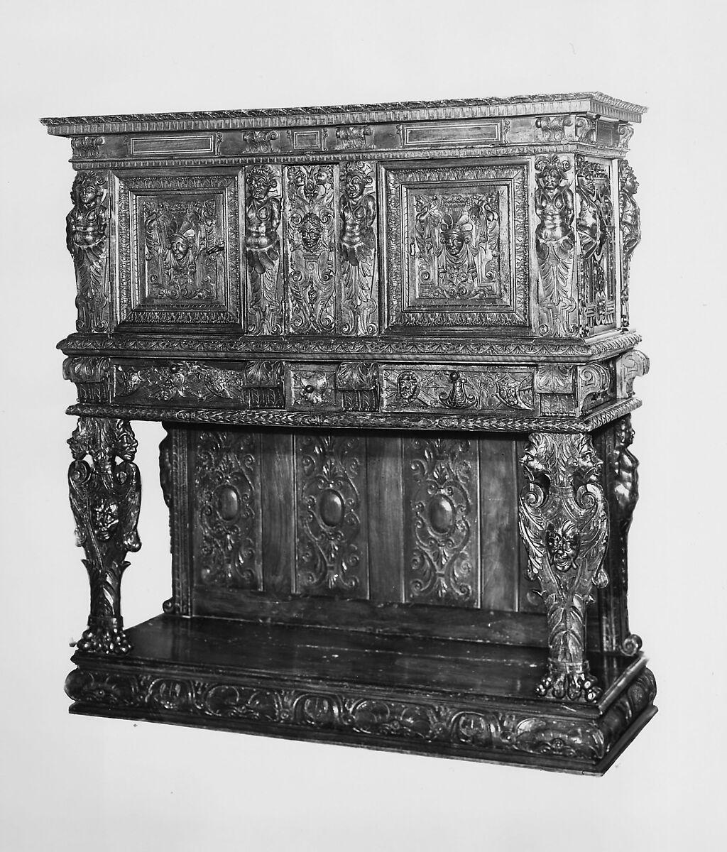 Dresser (Dressoir aux harpies), Carved walnut with interior elements of oak, pine; iron locks and hinges., French (Ile-de-France or Burgundo-Lyonnais)