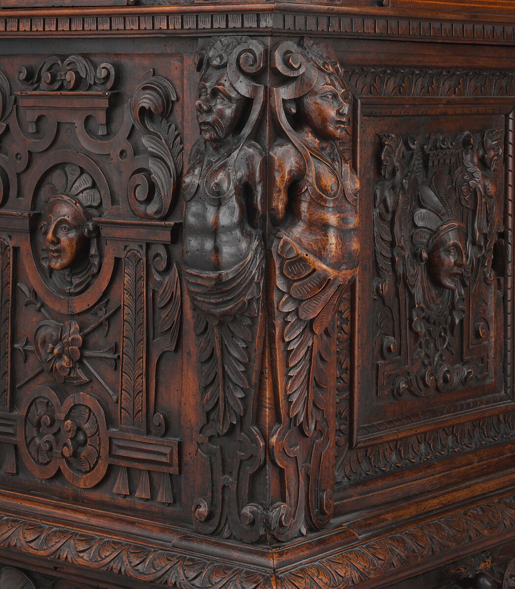 Dresser (Dressoir aux harpies), Carved walnut with interior elements of oak, pine; iron locks and hinges., French (Ile-de-France or Burgundo-Lyonnais)