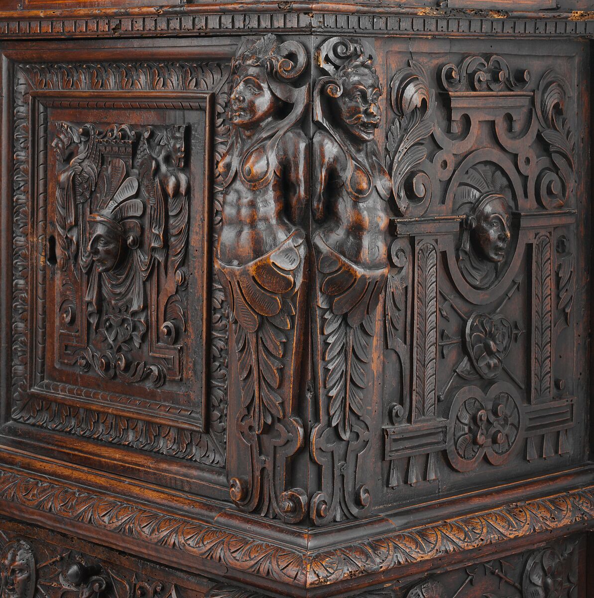Dresser (Dressoir aux harpies), Carved walnut with interior elements of oak, pine; iron locks and hinges., French (Ile-de-France or Burgundo-Lyonnais)