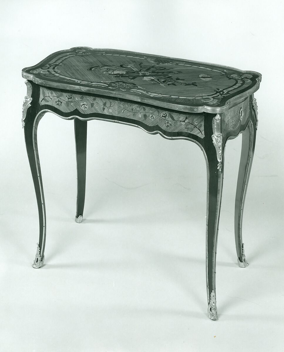 Writing table, Christophe Wolff (French, 1720–1795), Oak veneered with tulipwood, mahogany, and rosewood, with marquetry of partly shaded satinwood, partly stained, shaded, and engraved maple and barberry, and ebonized wood; gilt-bronze mounts., French, Paris