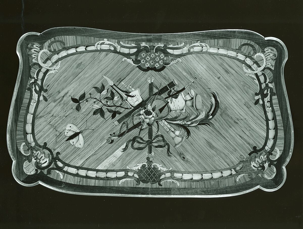 Writing table, Christophe Wolff (French, 1720–1795), Oak veneered with tulipwood, mahogany, and rosewood, with marquetry of partly shaded satinwood, partly stained, shaded, and engraved maple and barberry, and ebonized wood; gilt-bronze mounts., French, Paris