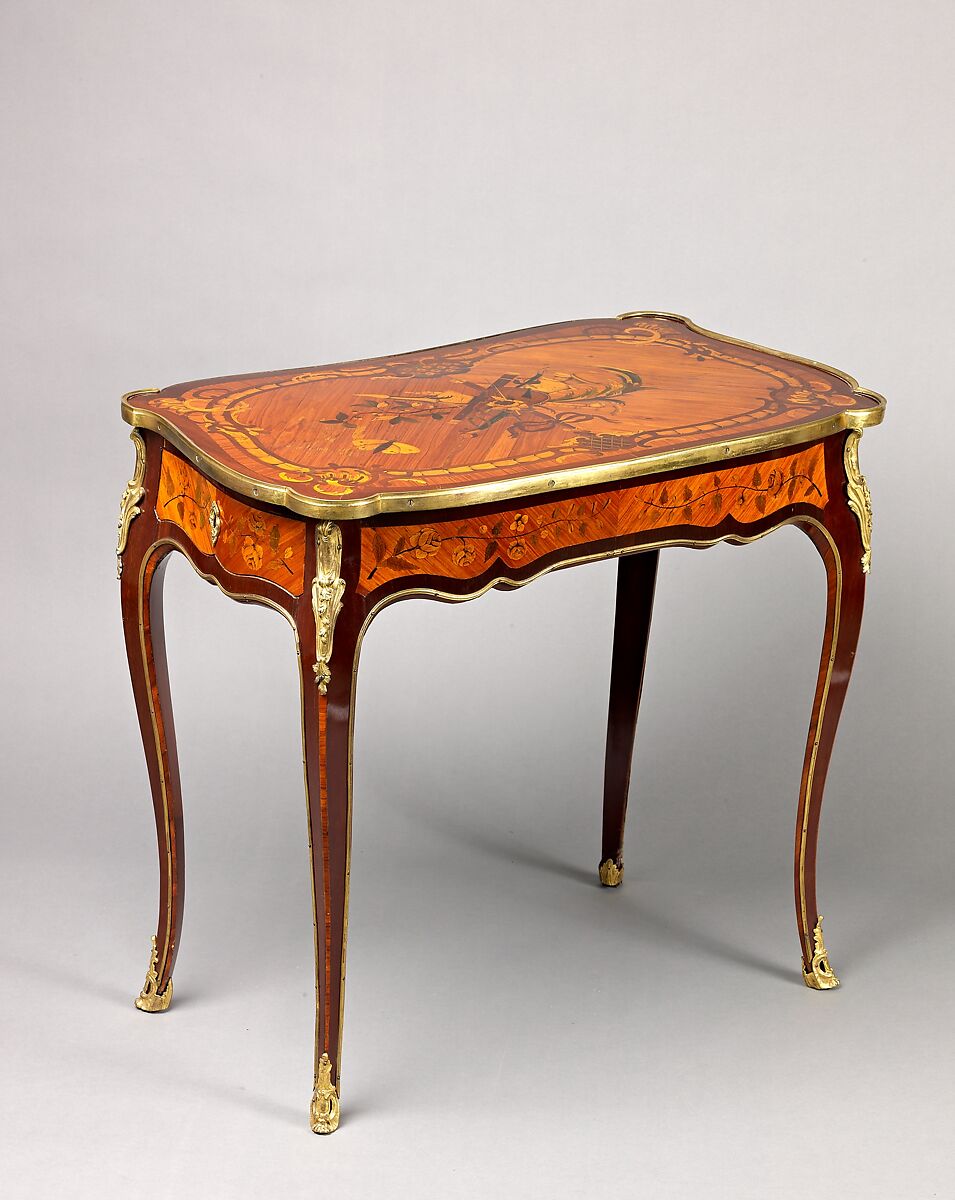 Writing table, Christophe Wolff (French, 1720–1795), Oak veneered with tulipwood, mahogany, and rosewood, with marquetry of partly shaded satinwood, partly stained, shaded, and engraved maple and barberry, and ebonized wood; gilt-bronze mounts., French, Paris 