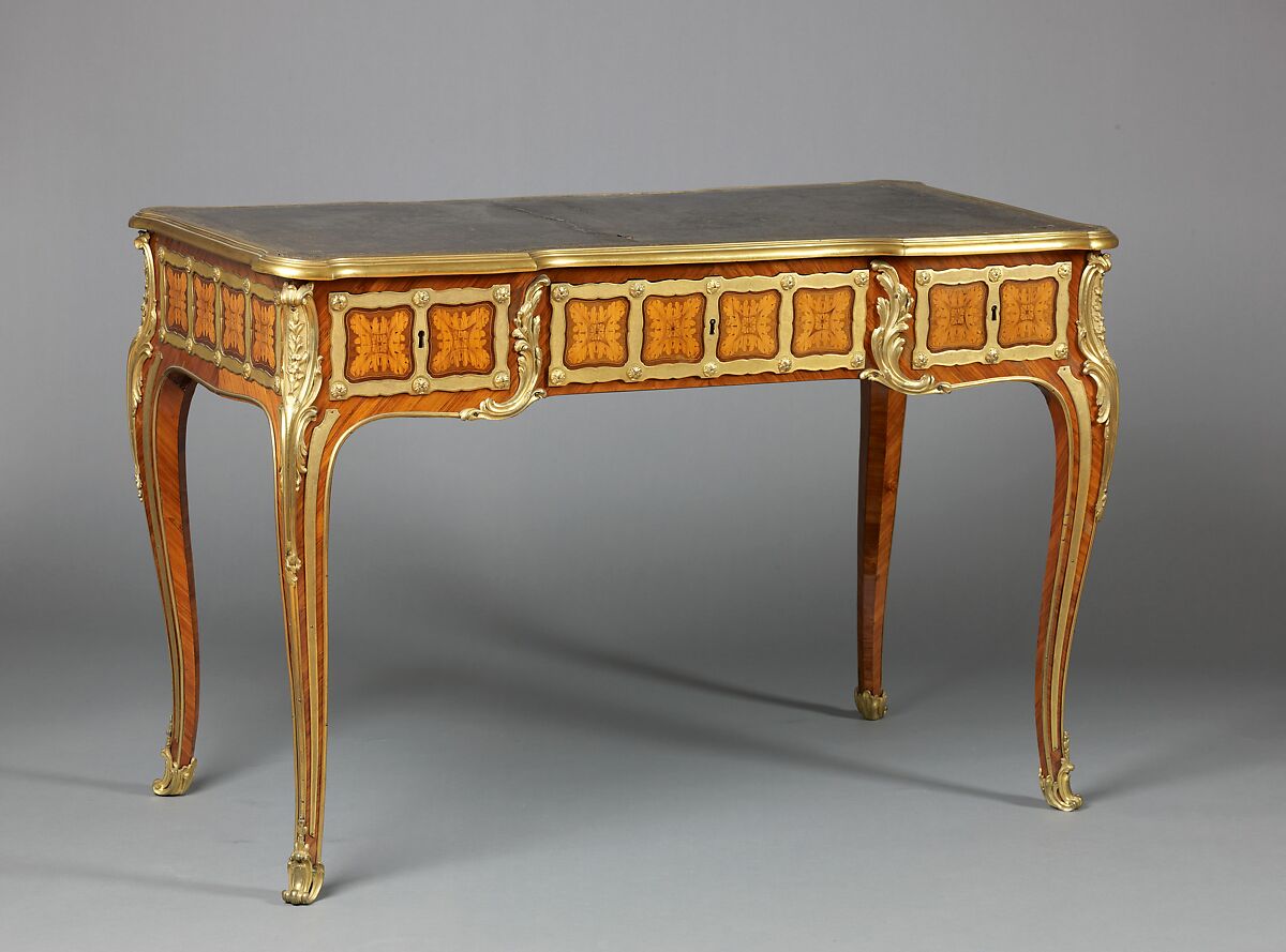 Writing table, Joseph Baumhauer (French, active ca. 1749–72), Oak veneered with tulipwood, oak drawers; leather; gilt-bronze mounts. 