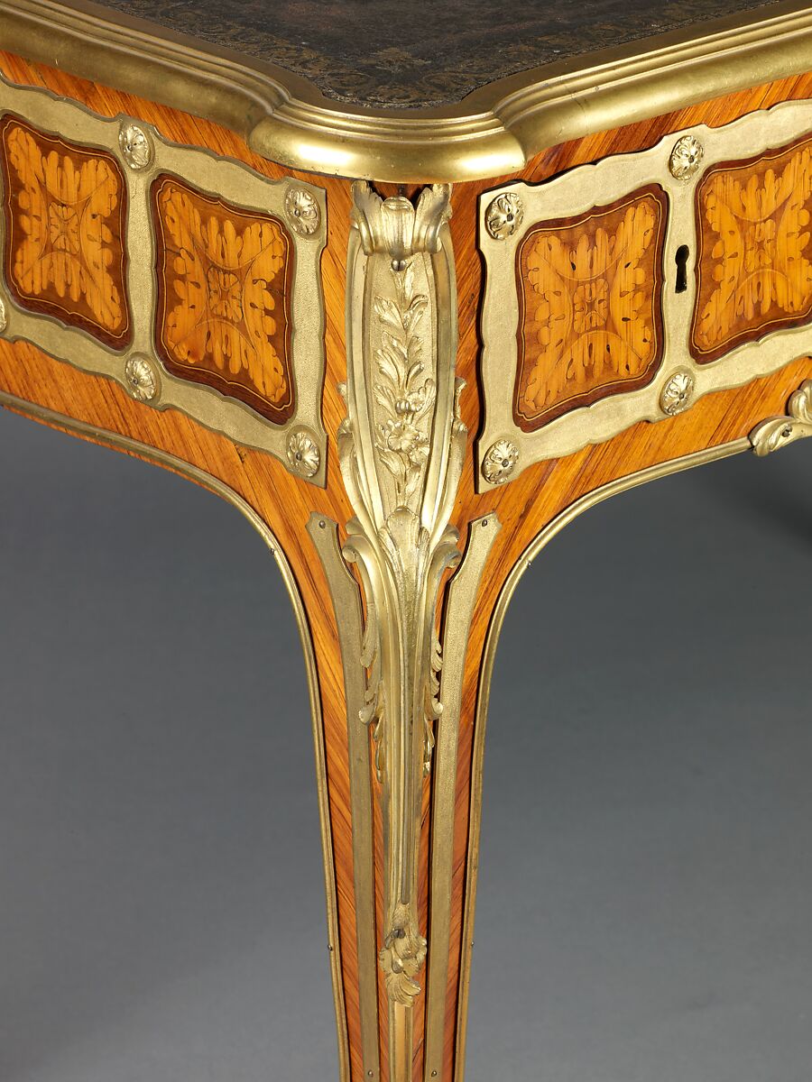 Writing table, Joseph Baumhauer (French, active ca. 1749–72), Oak veneered with tulipwood, oak drawers; leather; gilt-bronze mounts.