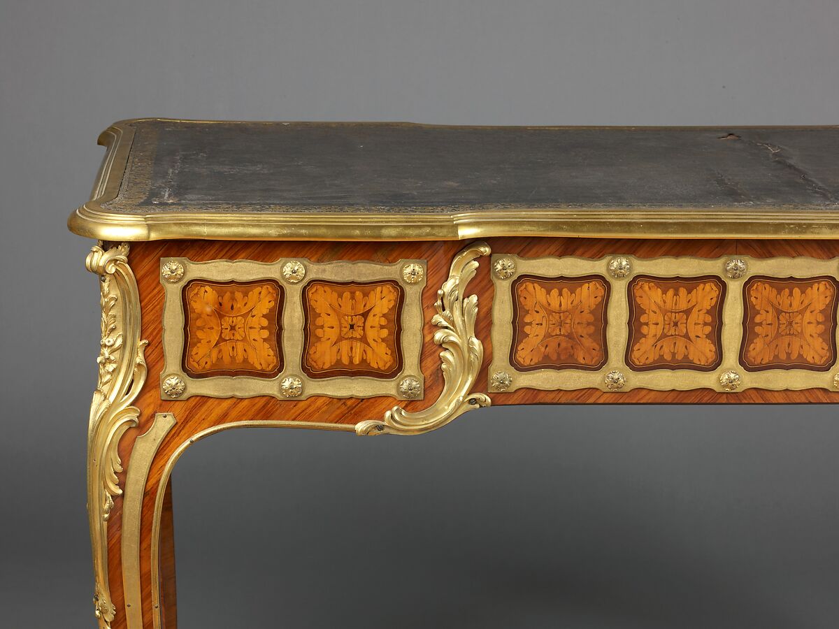 Writing table, Joseph Baumhauer (French, active ca. 1749–72), Oak veneered with tulipwood, oak drawers; leather; gilt-bronze mounts.