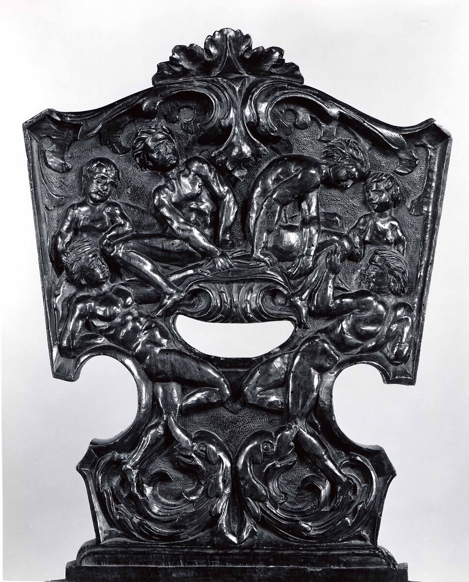 Side chair (sgabello, pair with 1975.1.2037), Walnut, carved., Italian